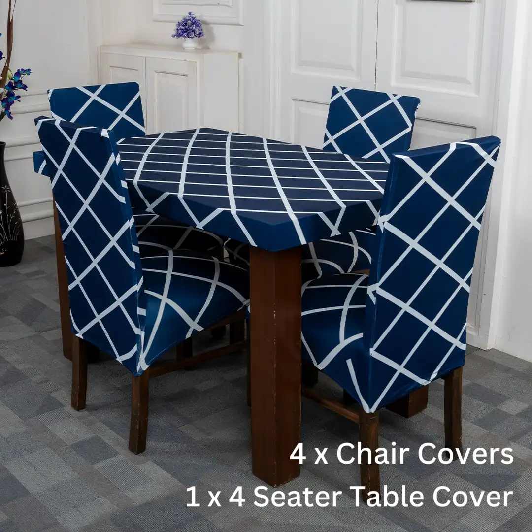 Navy Blue Checks Design Table Chairs Cover
